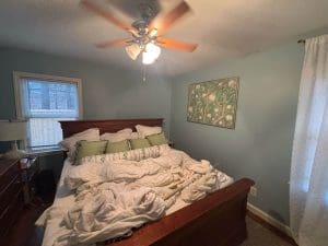 Freshly painted Charleston SC bedroom with soft sage green walls, white trim, and wood furniture