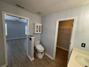 Freshly painted Charleston SC bathroom with soft gray walls, white trim, and attached walk-in closet