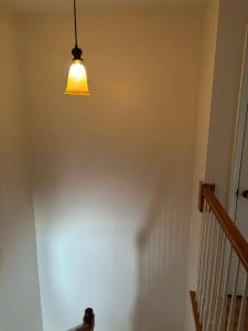 Freshly painted Charleston SC stairwell with tall cream walls, white spindles, and wood railing