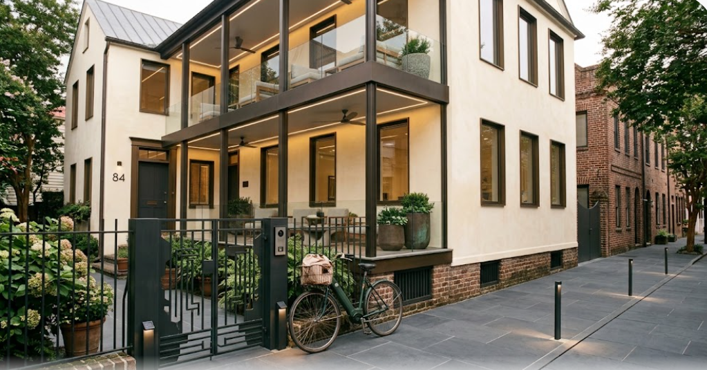 Historic Charleston double-porch home painted warm white with dark green shutters and a cobblestone street in front