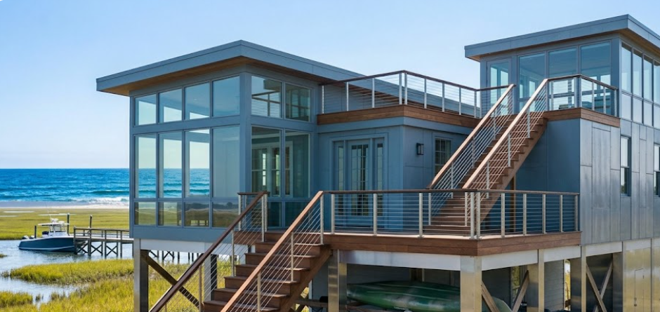 Raised coastal home on pilings painted soft blue-gray with white trim, screened porches, and a metal roof surrounded by palmettos