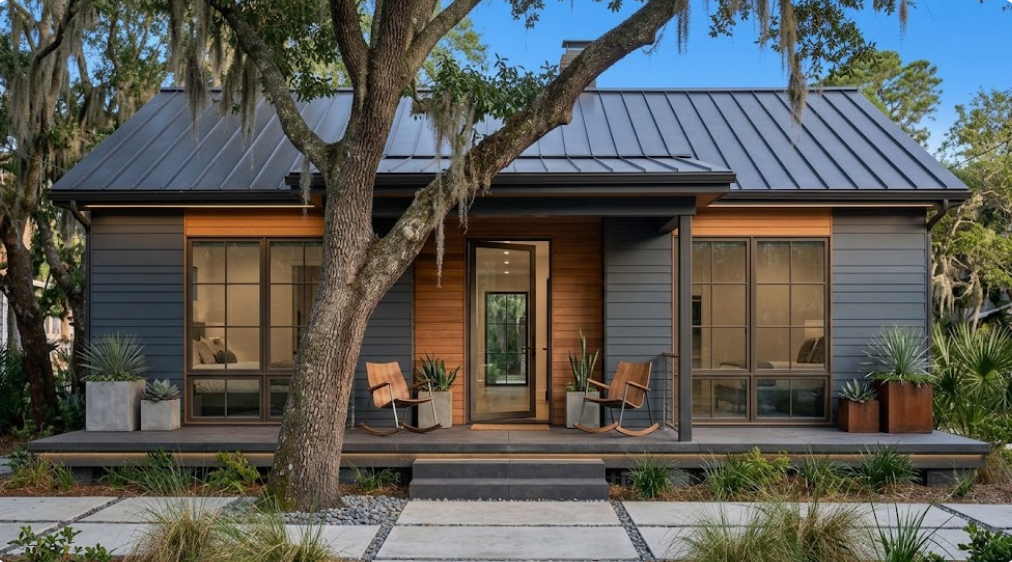 Small navy blue cottage with cream trim and porch columns, surrounded by live oaks with Spanish moss